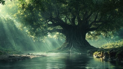 Mystical banyan tree with sunbeams filtering through leaves by tranquil river