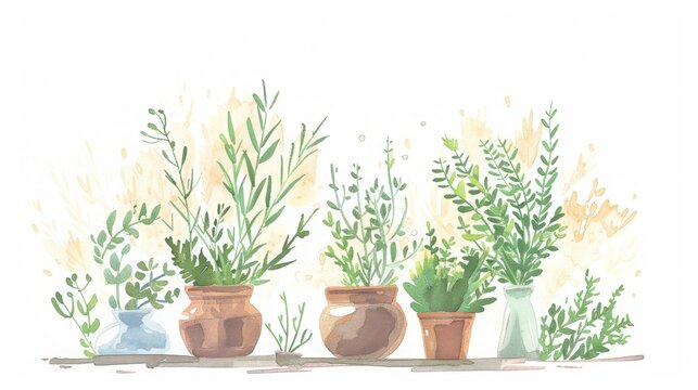 Watercolor Herbs in Pots, Collection of herbs in terracotta pots, watercolor style.