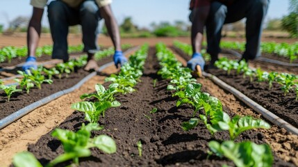 Agricultural Workers Cultivating Fresh Vegetables in Sunshine