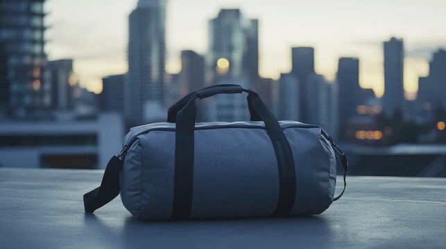 A sports duffel bag placed on a steel rooftop, with industrial buildings in the distance.