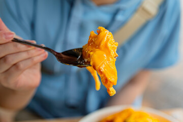 Close-up of a spoonful of fluffy Japanese omelette stuffed with rice and curry sauce, showcasing...
