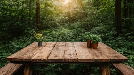Naklejka premium A rustic wooden table sits amid a vibrant green forest, showcasing nature's beauty. Its simplicity invites tranquility, making it a perfect outdoor setting for relaxation.