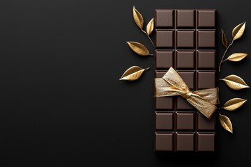 Luxury Chocolate Bar Packaging Mockup with Embossed Gold Foil on Matte Black Background, Unwrapped Glossy Dark Chocolate, Minimalist Branding, Premium Design, Product Presentation, Gourmet Sweet