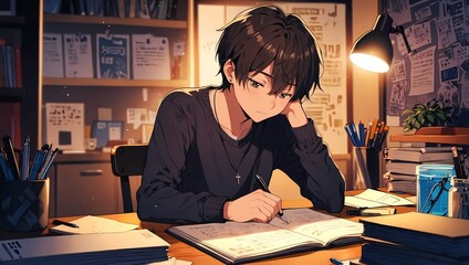 Anime character studying and reading a book at a desk in his cozy home. Anime wallpaper