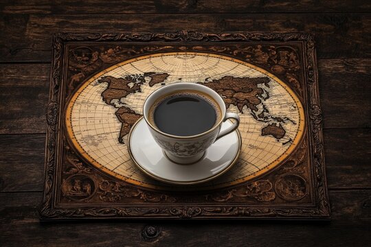 A vintage-style poster of a coffee cup with an old-world map inside, designed with classic typography