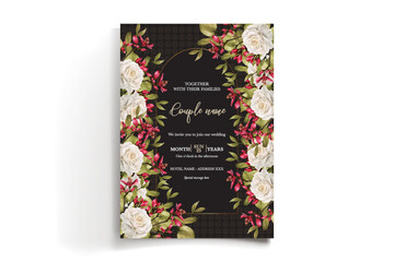 WEDDING INVITATION FRAME WITH FLOWER DECORATIONS AND FRESH LEAVES