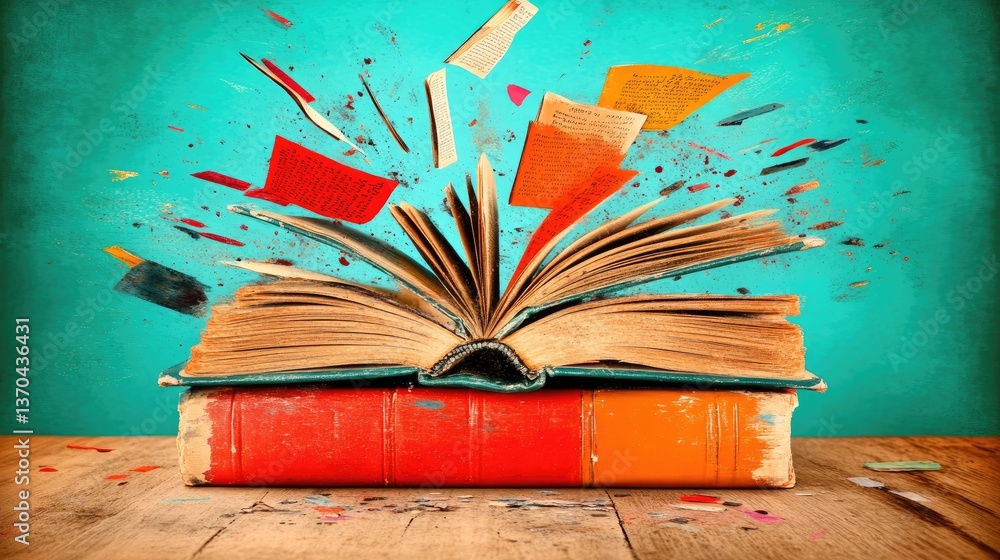 Poster books stacked with pages flying open, bright colors and dynamic motion for an exciting reading exper