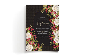 WEDDING INVITATION FRAME WITH FLOWER DECORATIONS AND FRESH LEAVES