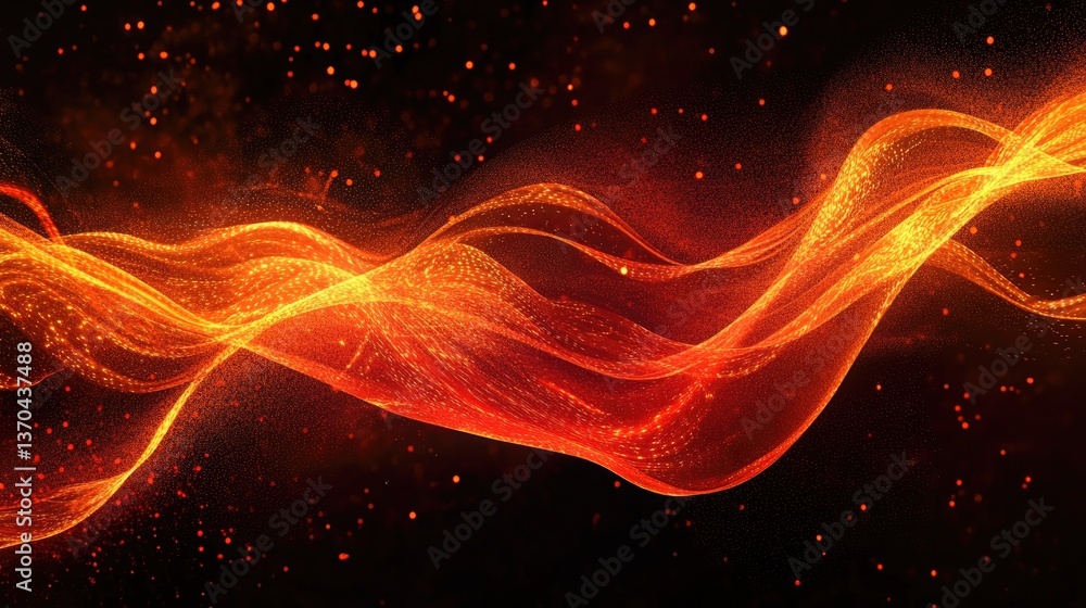 Poster abstract vibrant orange and red flowing curves with sparkles and light effects on a dark background