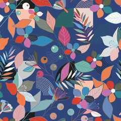 Spring flowers print. Vector seamless floral pattern. Floral design for fashion prints. Elegant template. Dark blue background. Vector illustration