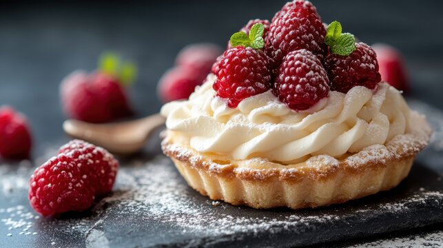 An artistic display of pastries featuring creamy swirls and decorative accents, mastery in dessert making reflected, ideal for showcasing culinary artistry.