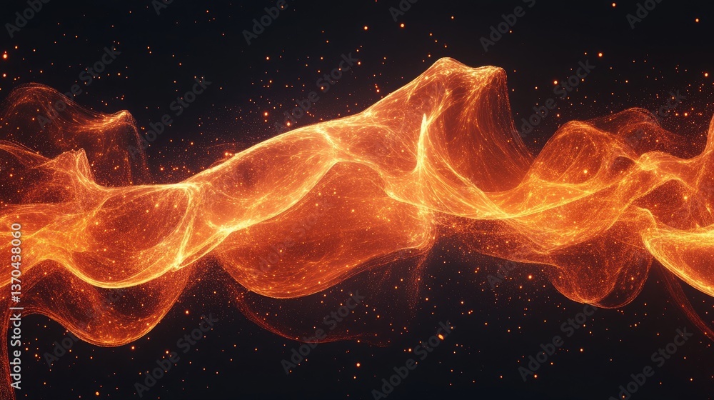 Poster abstract orange and gold wave flowing through dark background with glowing particles and ethereal te