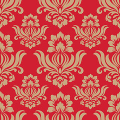 Fototapeta premium Gold and Red damask seamless floral pattern, vintage, luxury, vector illustration elegant for textile, wall paper, bedding, curtains, cushion, wrapping, scarf, rug, Victorian design, decoration