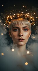 Enchanted Portrait: A mystical woman adorned with a luminous crown, enveloped in ethereal smoke and sparkling lights.