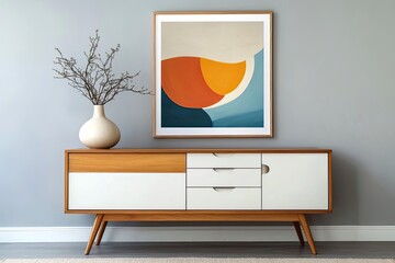 Abstract art piece on wall, modern furniture