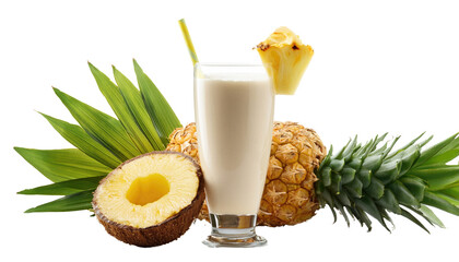 Tropi-colada smoothie. Glass of banana, coconut and pineapple smoothie Isolated On PNG Transparent and White Background 