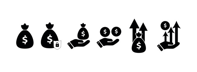 Finance Icon set. Money bag, money secure, save money, fund, benefit, growth money png and vector illustration on transparent background