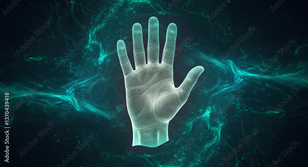 Aufkleber hand hologram on abstract background. digital technology concept with glowing palm for virtual reali