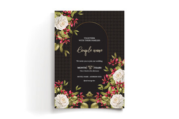 WEDDING INVITATION FRAME WITH FLOWER DECORATIONS AND FRESH LEAVES