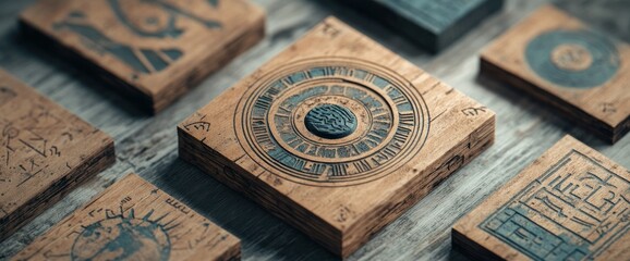 Fototapeta premium Antique Wooden Tiles with Intricate Designs
