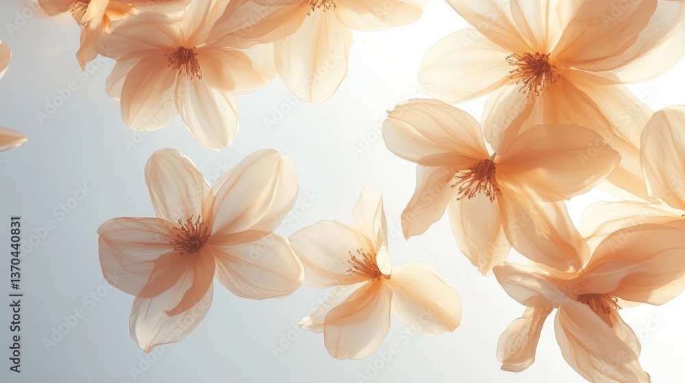 Poster soft and delicate peach flowers with light background creating an ethereal and dreamy atmosphere in 