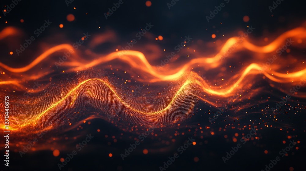 Aufkleber abstract flow of warm orange light waves with particles in a dark background for creative background
