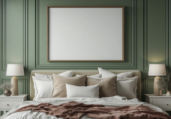 Interior view featuring a plush bed, serene green wall with decorative