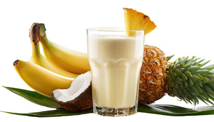 Tropi-colada smoothie. Glass of banana, coconut and pineapple smoothie Isolated On PNG Transparent and White Background 