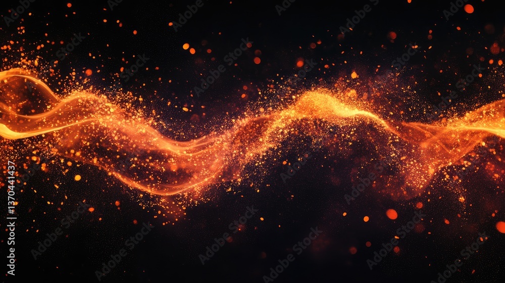 Aufkleber dynamic flow of glowing orange particles and sparkles on dark background for creative visuals and de