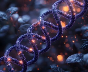 Fototapeta premium DNA helix: A captivating close-up of a DNA helix, rendered with meticulous detail and luminous colors. The spiraling structure pulses with energy, representing the essence of life.