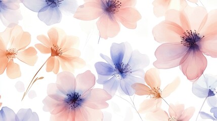 Soft Pastel Floral Pattern with Delicate Blossoms in Shades of Pink and Blue on a Light Background