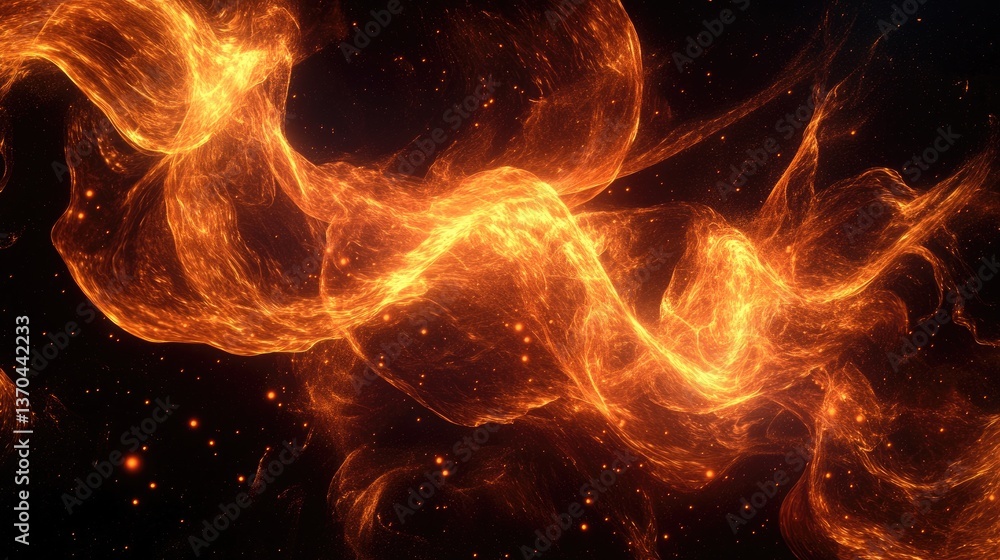 Poster abstract swirling flames on a dark background creating vibrant energetic patterns in a cosmic artwor