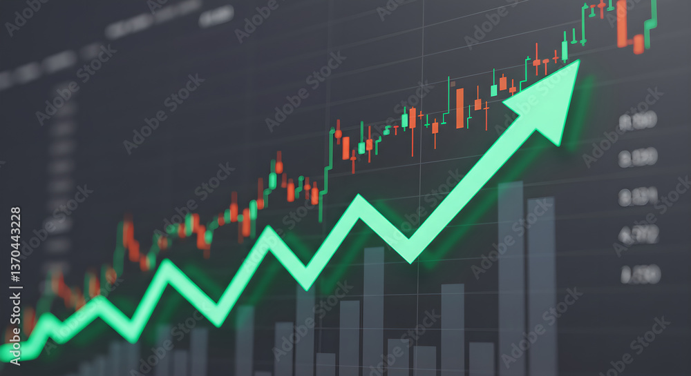 Poster financial market analysis with green arrow pointing up on increasing stock graph. business chart sho
