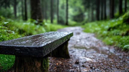 Fototapeta premium Wet park bench on a forest path