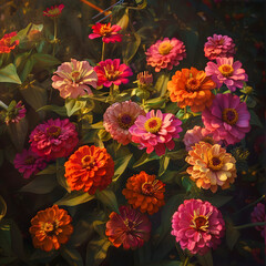 Impressive Display of Zinnia Flowers Blooming in Well-tended Garden Bathed in Natural Sunlight