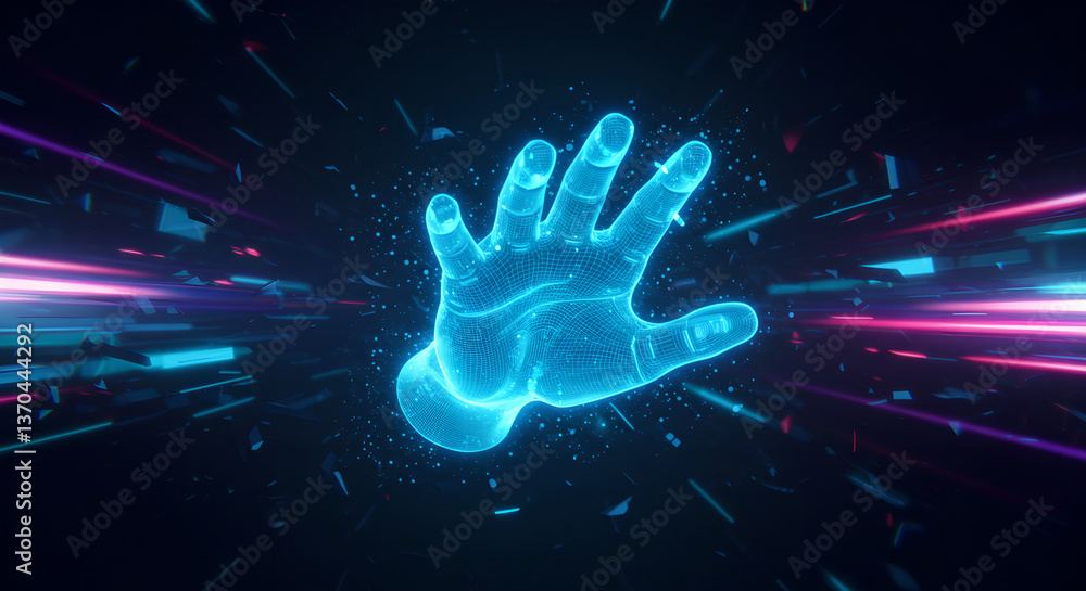 Poster cybernetic hand reaching in virtual space for digital transformation. tech network grid for futurist