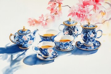 Fototapeta premium Tranquil Tea Ceremony Blue Porcelain Blossoms.