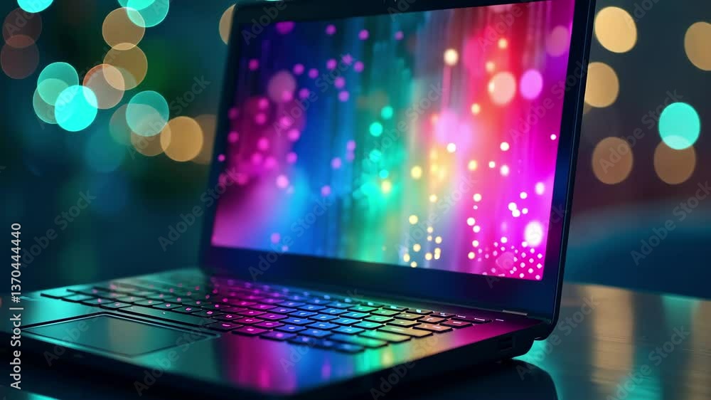 Poster a laptop emits a radiant glow, displaying colorful patterns and reflections, while shimmering lights