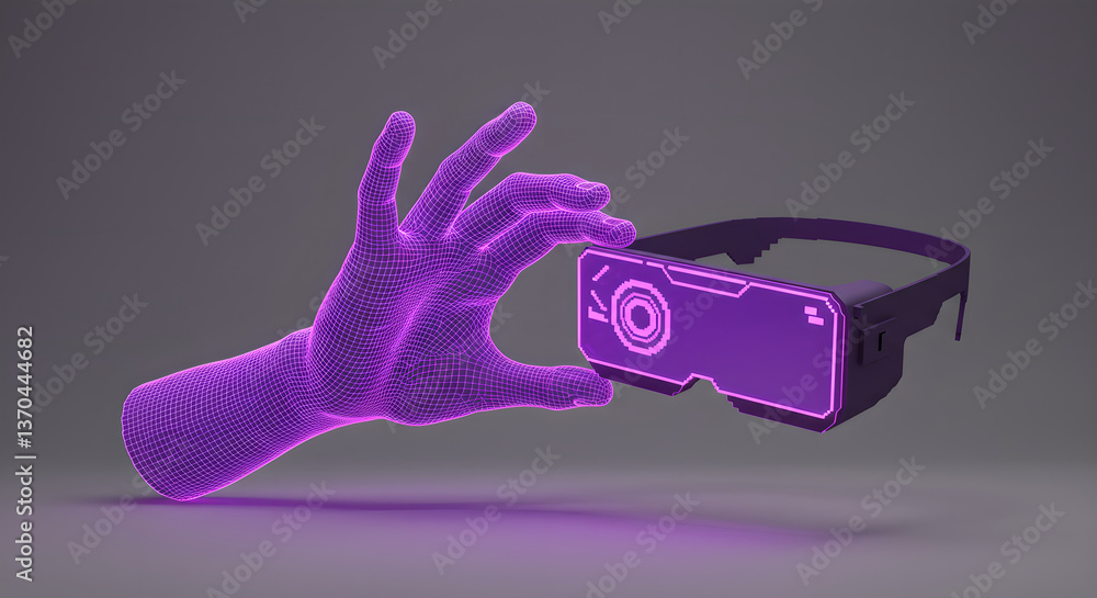 Poster cyber hand offering virtual reality glasses, futuristic tech device floating, digital screen with pi