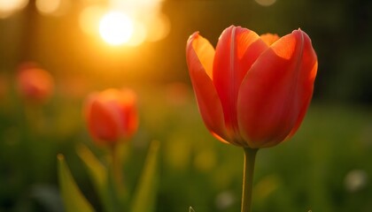 Fototapeta premium Vibrant Tulip Blooms at Sunrise Surrounded by Soft Green Landscape