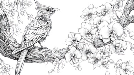 Detailed illustration of bird on branch with orchids.  Possible use Coloring book, educational material