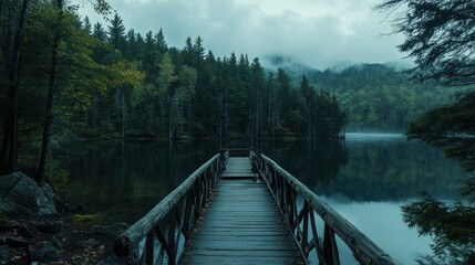 Naklejka premium Wooden boardwalk extending towards a scenic lake surrounded by green trees