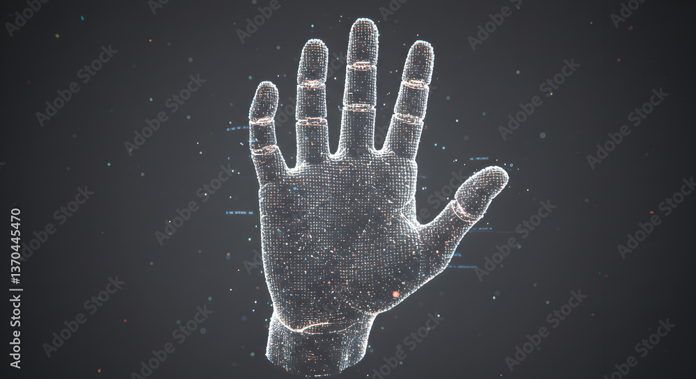 Poster hand touching virtual reality hologram with digital connection. futuristic technology simulation con