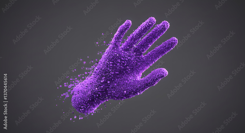 Aufkleber pixelated purple hand rising against grey background. futuristic 3d render of holographic hand gestu