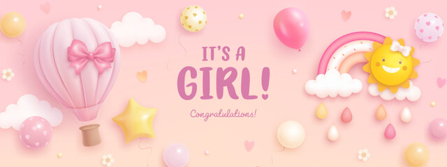 Baby shower horizontal banner or invitation with cartoon 3d rainbow, sun, hot air balloon and flowers on pink background. It's a girl. Baby birth background. Vector illustration