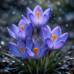Fototapeta premium Blue Crocuses Blooming After Rain – Spring Floral Beauty