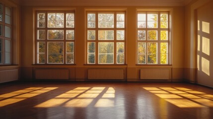 Interior room with several large windows and natural sunlight filtering