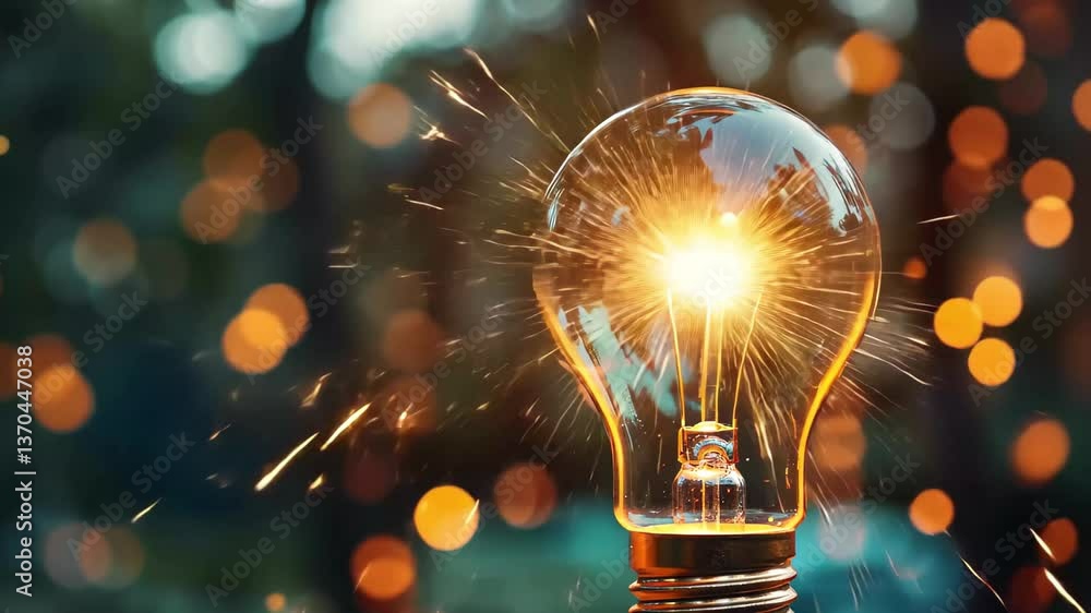 Poster the light bulb emits a warm glow, filled with a sparkler, surrounded by twinkling lights, creating a