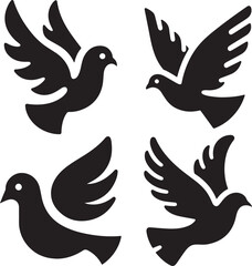 Four stylized black silhouettes of flying pigeons, ideal for peace or freedom concepts.