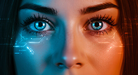 Woman with digital interface overlay for futuristic technology concept. Augmented reality for software development. Biometric identification for modern security system.